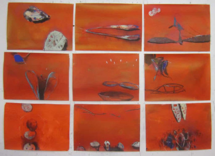 Atelierwand mit Reihe 'Capriccio'.2014