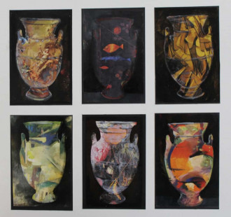 Aus der Serie "Griechische Vasenmalerei",Collage:Öl auf Papier,je 10,4x14,5 2018