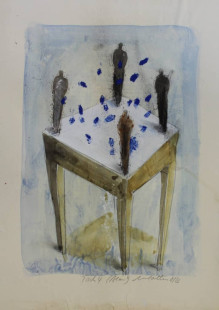 Tisch 4,Blau,Mixed Media 2022,30x27cm.